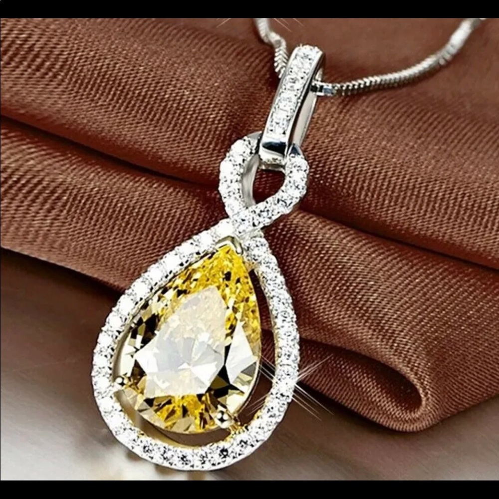 Yellow Teardrop Pendant Necklace with Crystal Halo
